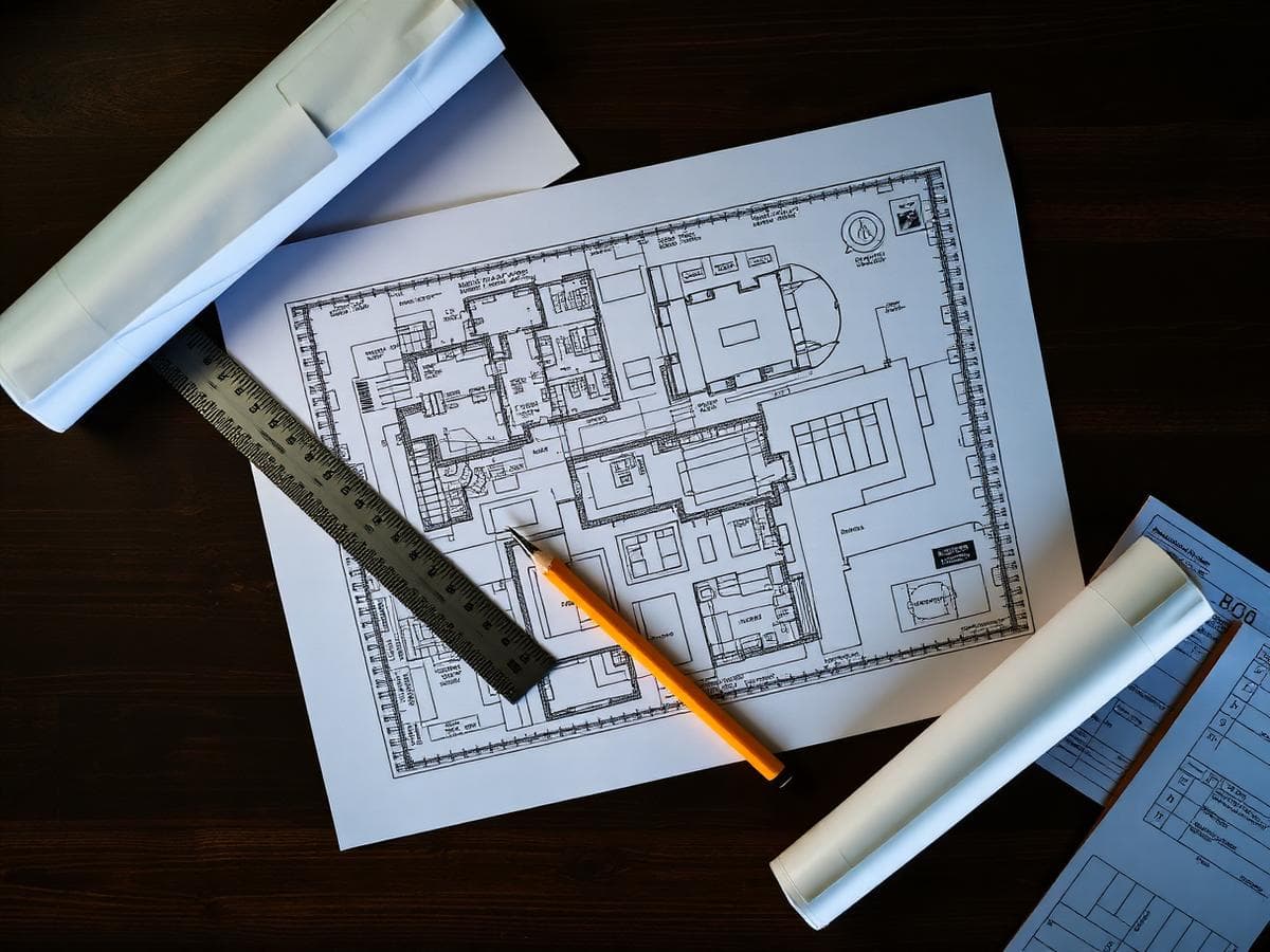 Construction blueprint plans with ruler and pencil